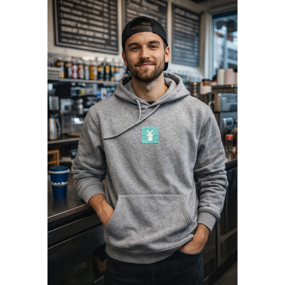 Dutch Bros Hoodie Mens Medium Gray Pullover Sweatshirt Coffee Logo Graphic